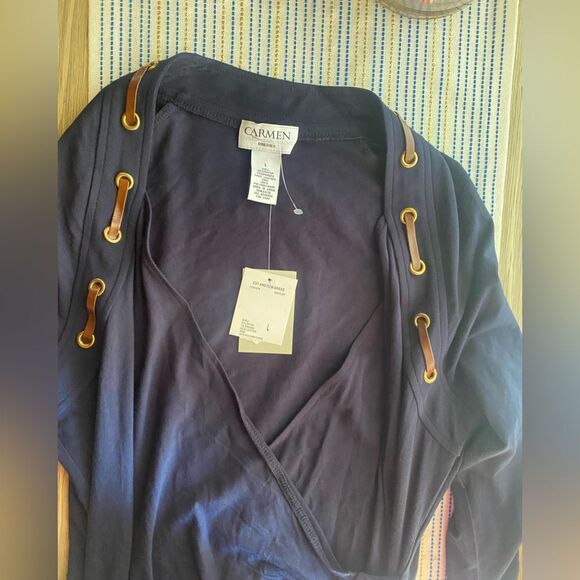 NWT Carmen Marc Valvo  Sheath Dress V-Neck Navy Long Sleeve Size L Stretch - Picture 6 of 11